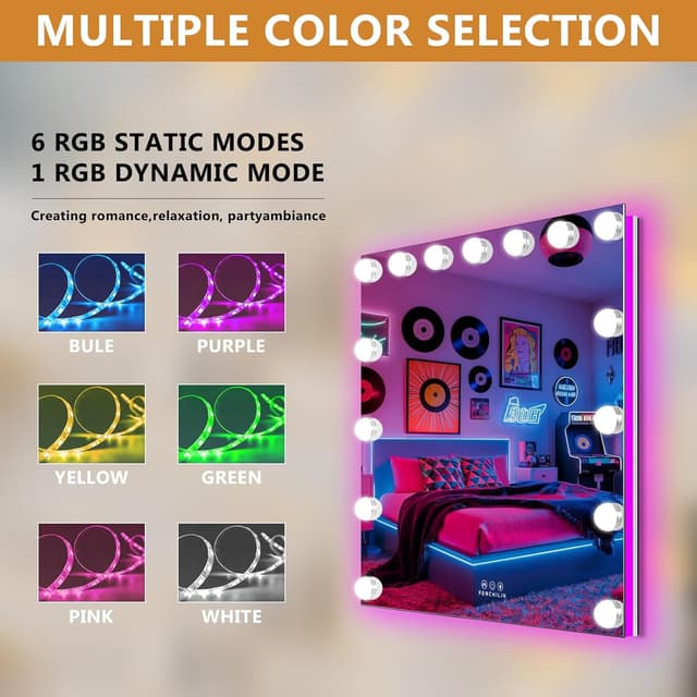 Detalle de FENCHILIN Hollywood Mirror with RGB Backlit 15 LED Vanity Mirror (58x46cm)