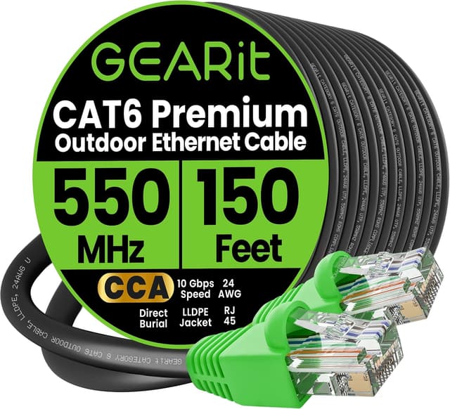 Detalle de GEARit Cat6 Ethernet Cable 150ft for Outdoor Direct Burial (24AWG, UV-Resistant, Waterproof Jacket) — Black