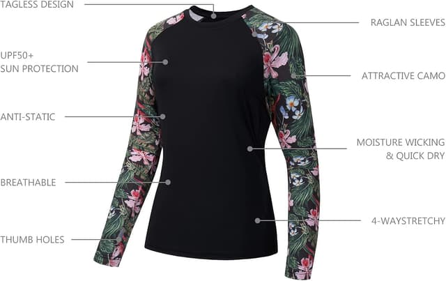 Detalle de Bassdash Damen Rash Guard mit UPF 50+ UV-Schutz (Langarm, Tarnmuster) für Angeln & Wandern