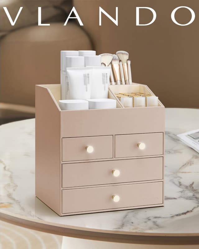 Detalle de VLANDO Make-up Organizer mit 4 Schubladen – Kosmetik-, Skincare- und Parfüm-Aufbewahrung für Bad & Dresser