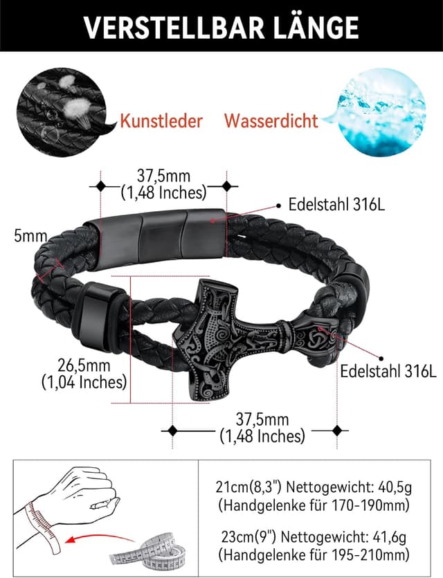 Detalle de FaithHeart Wikinger-Lederarmband aus geflochtenem Kunstleder mit Magnetverschluss (21/23 cm)