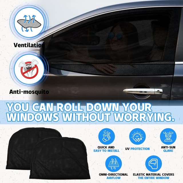 Detalle de 2er-Set elastische Sonnenblende / Insektenschutz-Mesh für Auto-Seitenfenster – atmungsaktiv & UV-geschützt