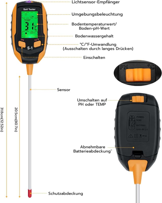Detalle de Tolesum Misuratore di umidità del suolo 4-in-1: umidità, pH, temperatura e luce solare con display LCD