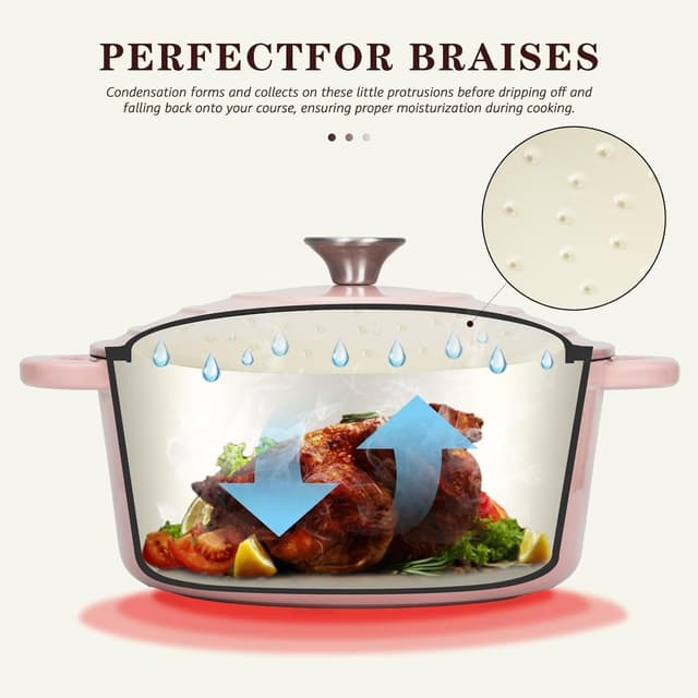 Detalle 2 de Overmont 26cm/5.2L Enamelled Cast Iron Round Casserole Pot with Lid (Pink) — Lid, Cookbook & Cotton Potholders