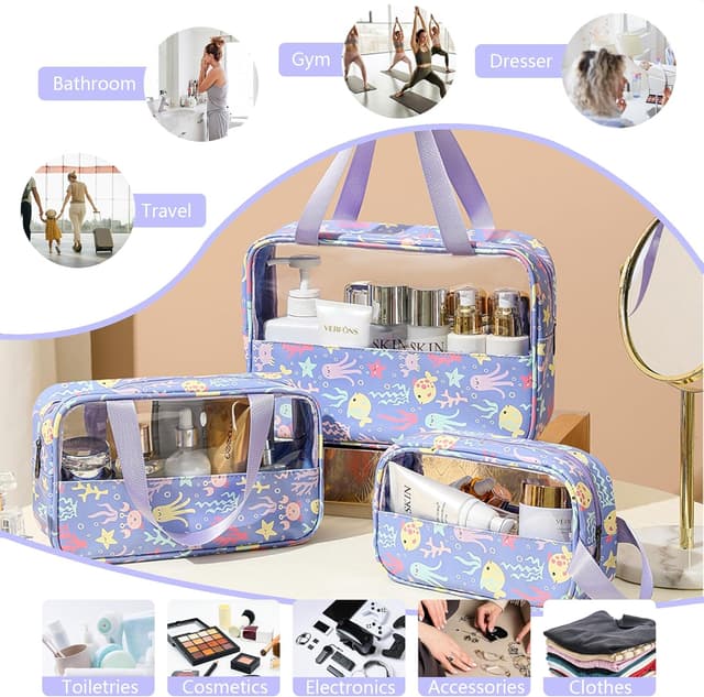 Thumbnail 6 de Mikytoper Clear Toiletry Bag Set (3 pcs) – Waterproof PVC wash bags with handle, large capacity travel cosmetic bags (2024 Purple)