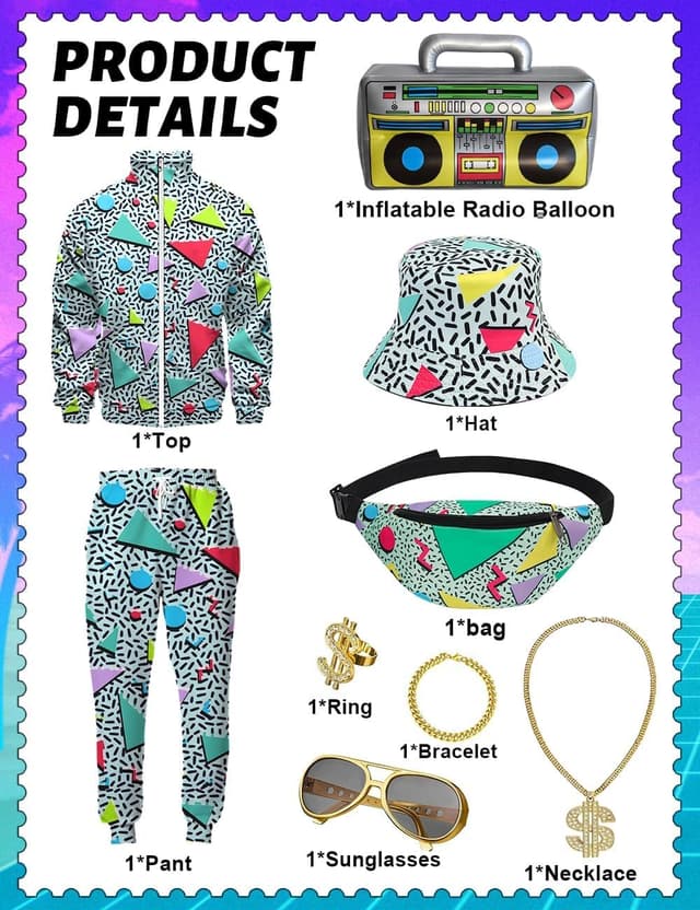 Detalle de Ezuwail 80er/90er Retro-Trainingsanzug-Set für Herren (9-teilig) – Karneval & Halloween