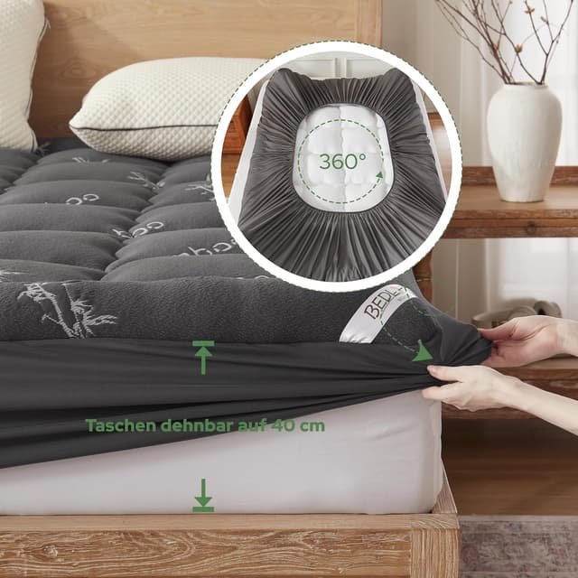 Detalle 2 de BEDLORE Matratzentopper 180x200 cm aus Bambusfaser-Viskose, mit dehnbaren Taschen (40 cm) – Dunkelgrau