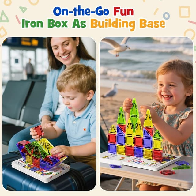 Detalle de Magnetic Tiles Construction Set 42pcs in travel metal box – portable magnetic building blocks for ages 3+