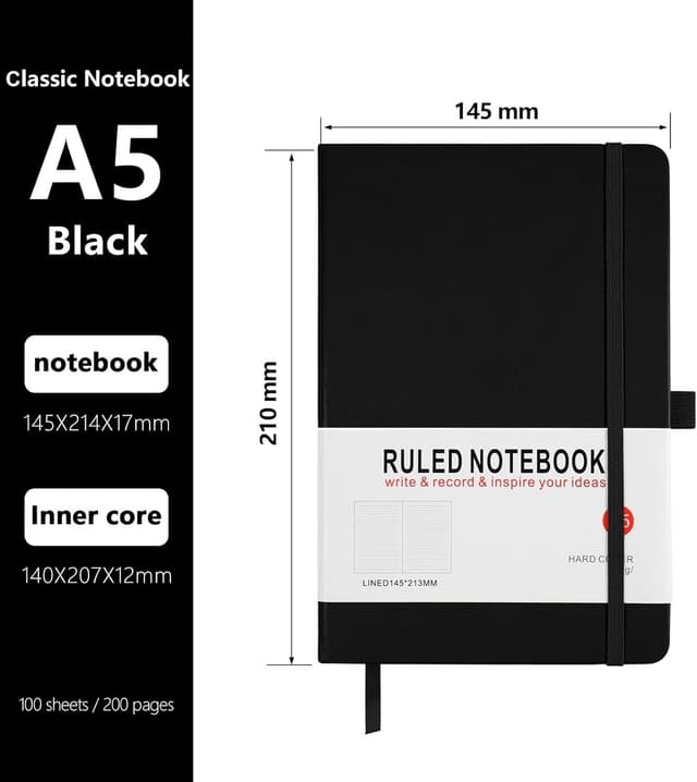 Detalle 2 de Notebook A5, 3 Pack Journal A5 Notebook 200 Pages 80 GSM Journal Notebook Hardback Notepad with Lined Pages, Pen Loop and Expandable Paper Pocket, Journal Notepad Note Book (Black)
