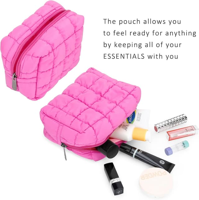 Detalle 2 de E-Tree Quilted Cute Makeup Bag (Checkered, Hot Pink) for Purse & Travel Essentials
