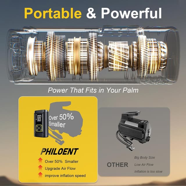 Detalle de Philoent Portable Tire Inflator (150PSI) with Digital Gauge, LED Light, and Auto Shut-Off