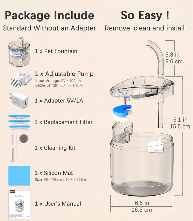 Detalle de HAPUP Fontanella per gatti da 1,8 L con 2 modalità, 3 filtri riutilizzabili e pompa USB