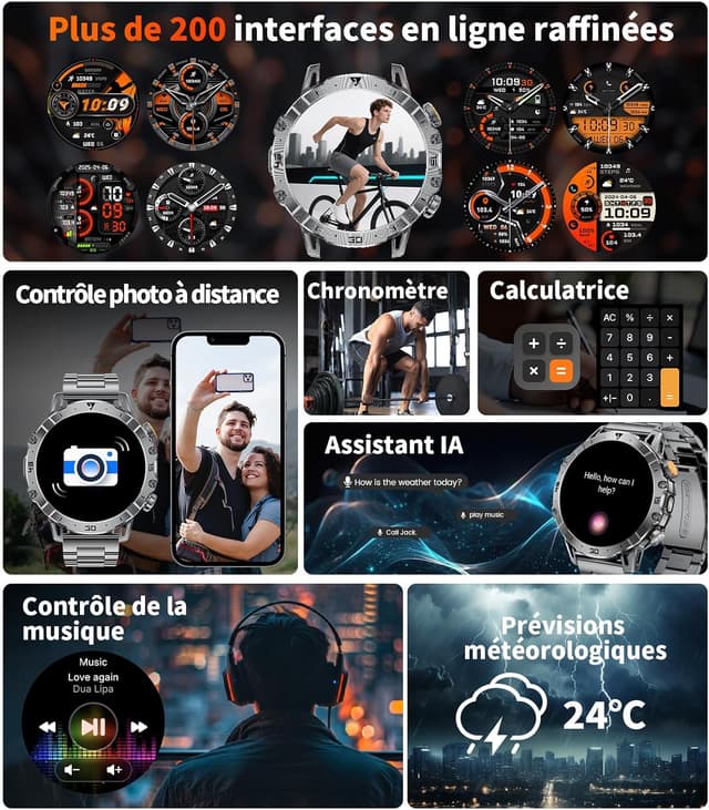 Detalle 2 de LIGE Montre Connectée Homme Militaire 1,7’’ HD : appels Bluetooth, lampe LED et suivi sport & santé