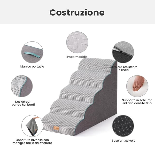 Detalle de Gardner Pet Scala per Cani Piccoli 58 cm, 5 Gradini, con Rampina in Schiuma e Rivestimento Antiscivolo e Impermeabile