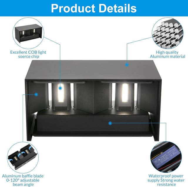 Detalle 2 de Set da 2 applique da parete 24W IP65 4000K bianco naturale, design moderno nero (angolo fascio regolabile)