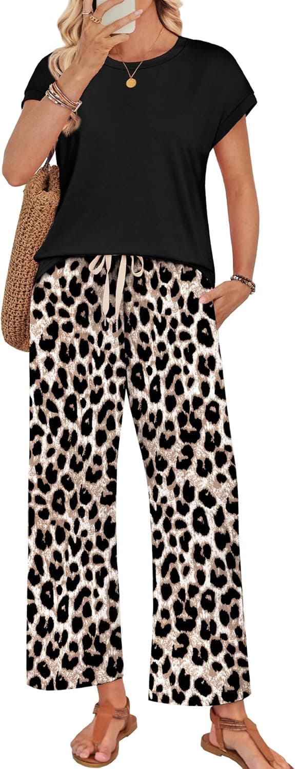 Detalle de WIHOLL Two-Piece Lounge Set for Women: Cap-Sleeve Top & Wide-Leg Pants