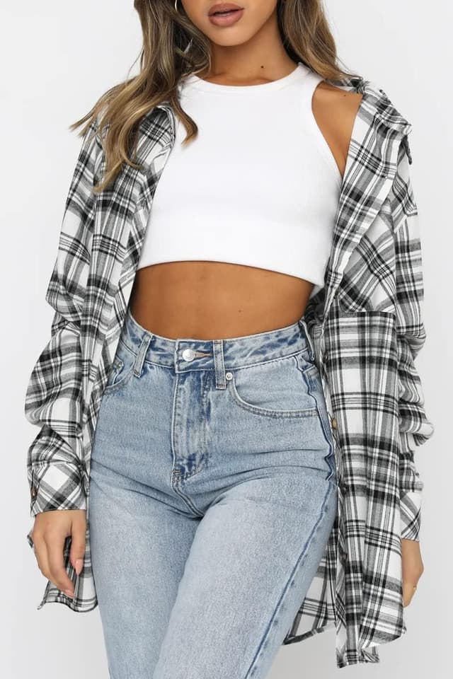 Detalle 2 de CHYRII Women’s Plaid Flannel Button-Down Shacket (Long Sleeve) with Pockets