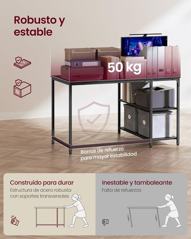 Detalle de VASAGLE Scrivania Angolare a L LWD135BE01 110 x 80 cm con scaffale reversibile e ripiano regolabile in altezza, Nero Ebano