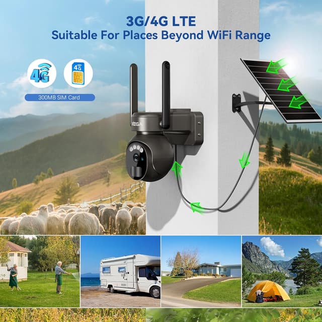 Detalle de Xega 4G LTE Security Camera (No WiFi, SIM Card, Solar Powered) with 2K HD, PIR, Night Vision & Two-Way Talk