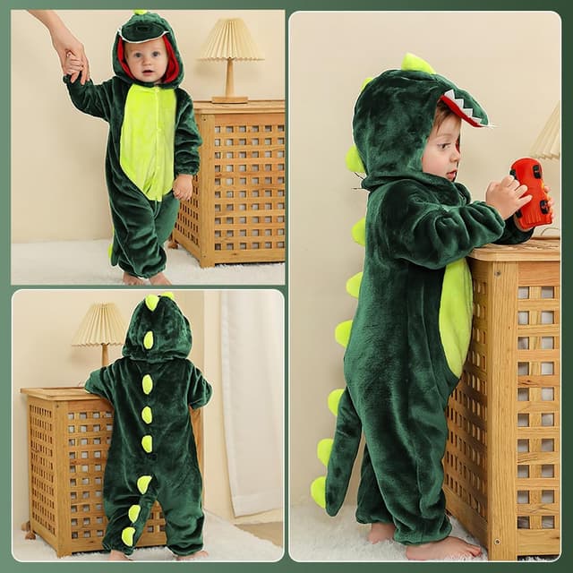 Detalle de Costume da dinosauro AYBUY per bambino con cappuccio e tuta (verde, unisex)