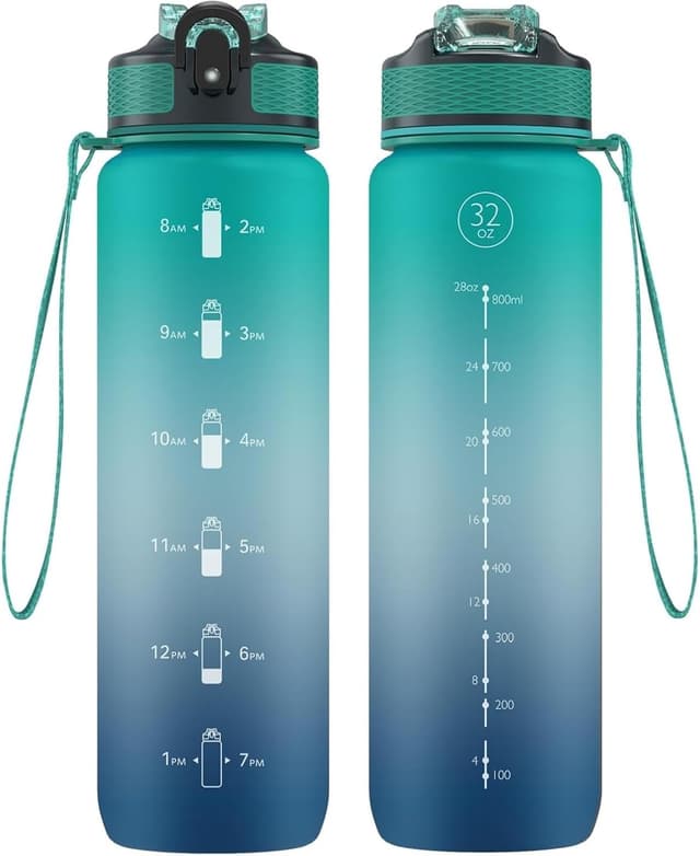 Detalle de NAVTUE Sport-Trinkflasche 1 l mit Strohhalm, auslaufsicher, BPA-frei (Tritan) & Zeitmarkierungen