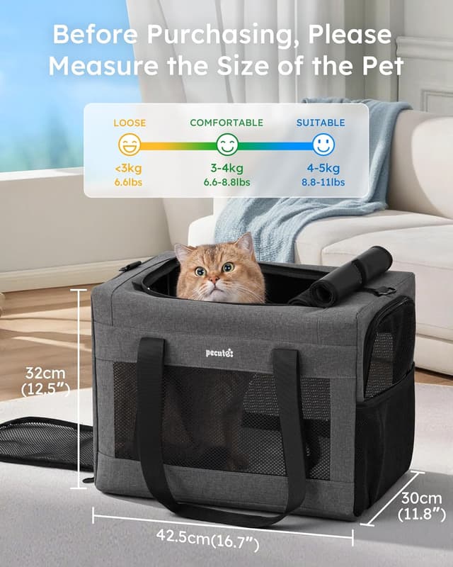 Detalle 2 de pecute Katzentasche / Hundetransporttasche Stabiler Rahmen, belüftetes Mesh-Fenster, bis 5–7 kg, Hellgrau (XL)