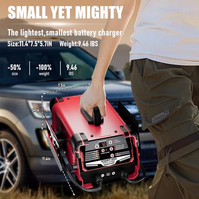 Detalle de 12V/24V Car Battery Charger & Engine Starter (0–50A) with Automatic Battery Maintainer and 250 Cranking Amps