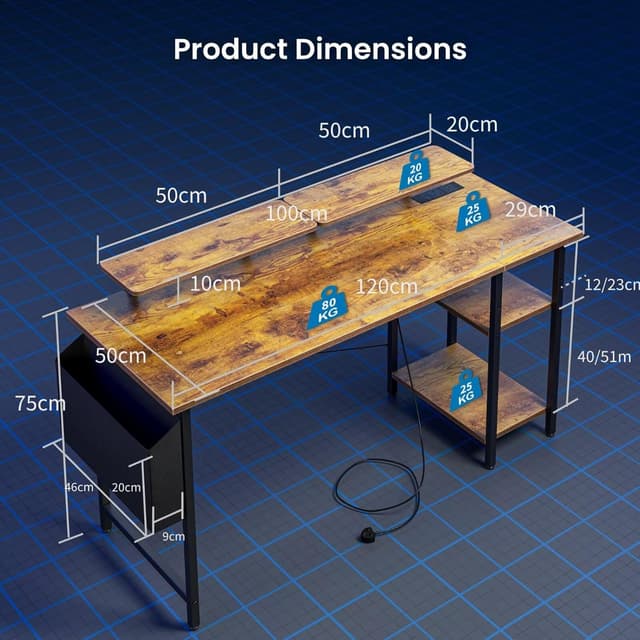 Detalle 2 de DOMSHOCT Gaming Desk with LED Lights, Power Outlets & Dual Monitor Stands, 120×50cm Brown