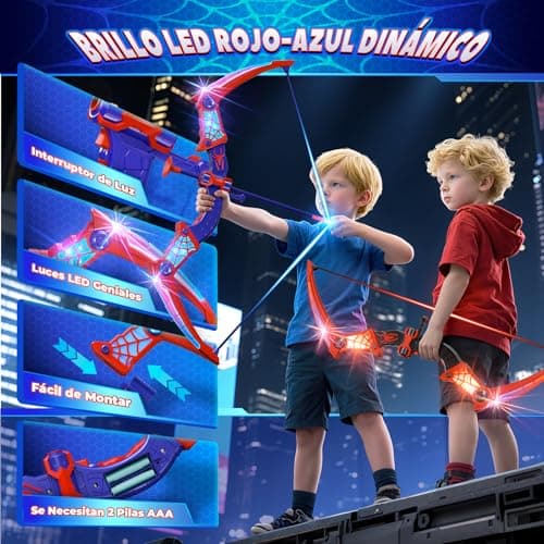 Detalle de Kidluna set de arco y flechas con luces LED rojas y azules para niños (2 arcos, 2 carcaj y diana telaraña)