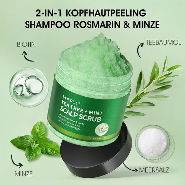 Detalle de Teebaum-Kopfhautpeeling-Shampoo 2-in-1 mit Minzöl und Kopfhautmassagegerät (300 g)