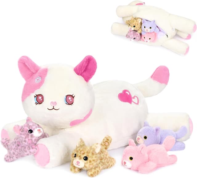 Detalle de shownicer Plüschtier Katzen-Familie: 5-teiliger Plüsch (Katze Mama + Vier Kätzchen) in Rosa