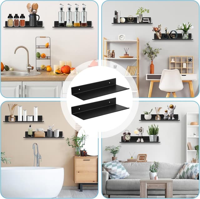 Thumbnail 6 de JIZZU schwebende Wand-Badregale (2 Stück), schwarz, selbstklebend, ohne Bohren – Metallregale für Bad, Küche, Wohnzimmer & Büro