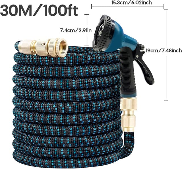Detalle 2 de X-COTEC Tubo estensibile da giardino 30 m con raccordi in ottone 1/2" e 3/4" e ugello multifunzione