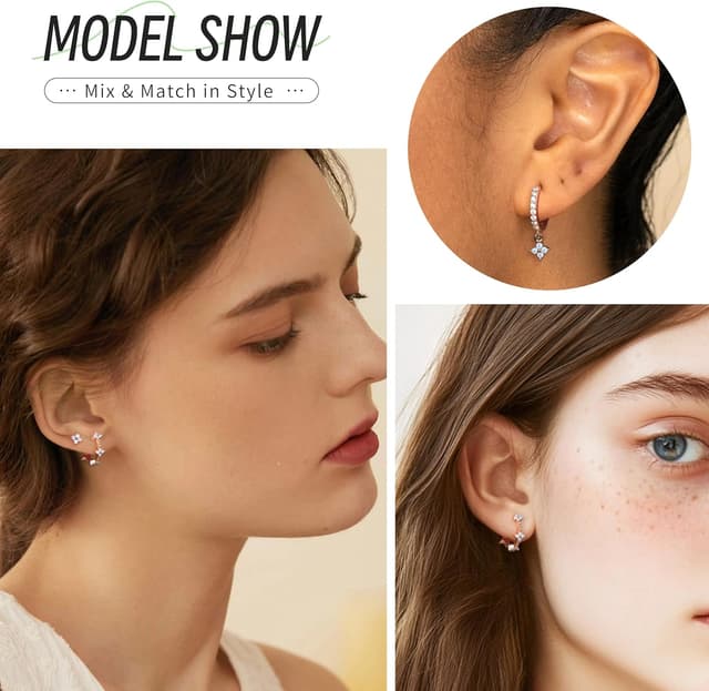 Detalle de Macachii 3 Pairs Sterling Silver & 14K Gold Plated Hoop, Stud & Huggie Earrings Set