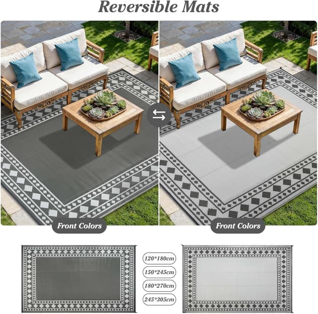 Detalle 1 de Homcomodar Outdoor Rugs for Patios, Waterproof Reversible UV Resistant Plastic Carpet Mats 245x305cm, Grey