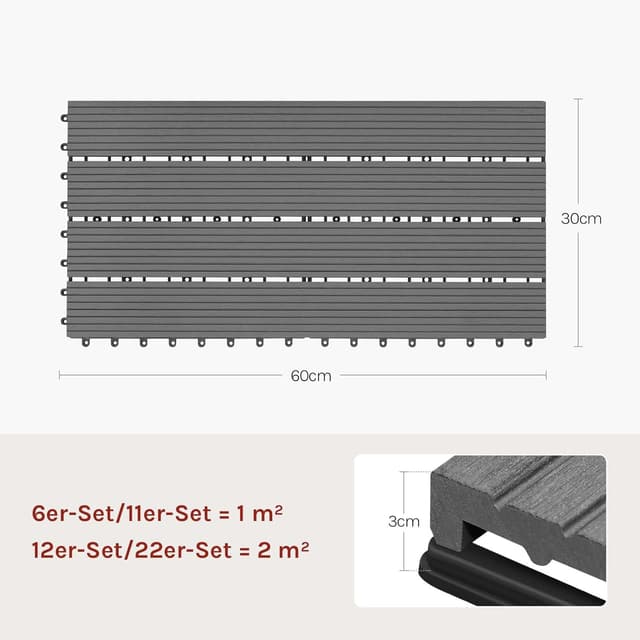 Thumbnail 6 de WOLTU WPC Fliese Terrassenfliesen Holz-Optik mit Klicksystem 30 x 60 cm, hellgrau (12 Stück / 2 m²)