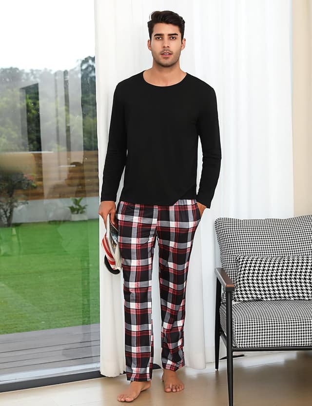 Detalle de Uniexcosm ensemble de pyjama homme en coton hiver à manches longues, col rond et poches latérales