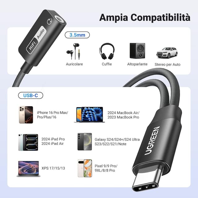 Thumbnail 6 de UGREEN Adattatore cuffie USB-C a Jack 3,5 mm con DAC Hi-Res 32 Bit/384 kHz, ricarica PD 60W magnetica 2 in 1