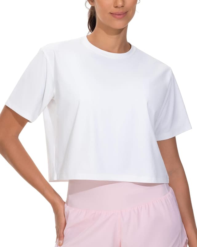 Detalle de THE GYM PEOPLE Haut court d’entraînement à manches courtes pour femme – coupe ample, polyester à séchage rapide