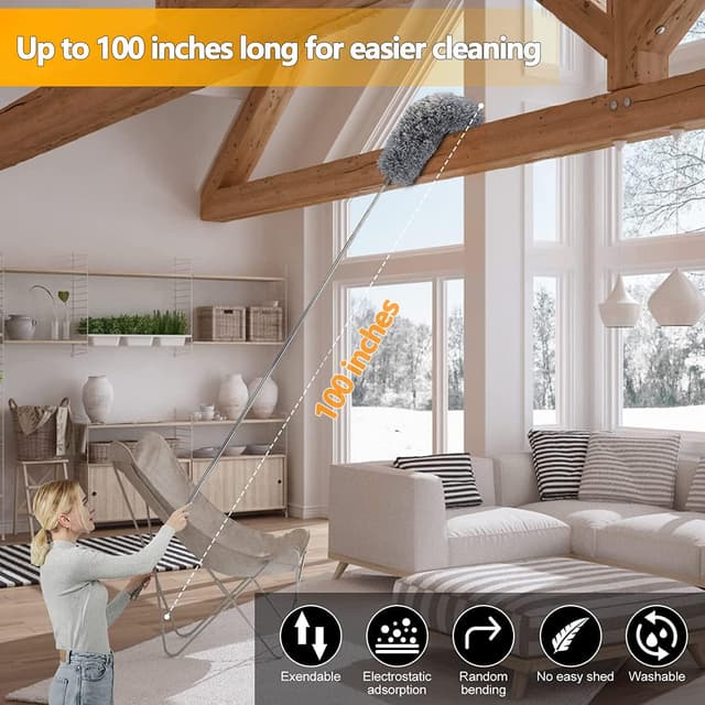 Detalle de Feather duster 5PCS kit with 30–100 inch telescopic extension pole and interchangeable cleaning heads