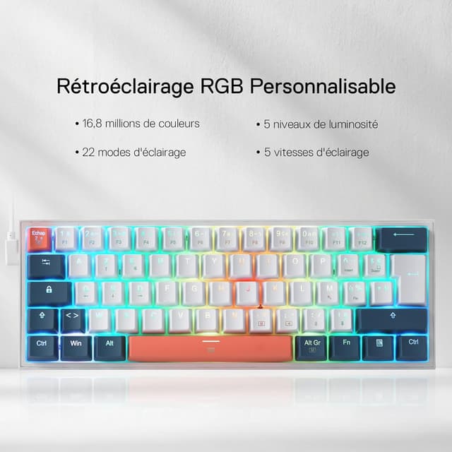 Detalle de Redragon K617 clavier mécanique filaire 60% RVB RVB rouge linéaire – AZERTY FR