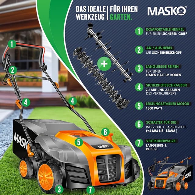 Detalle 2 de MASKO® Elektro 2in1 Vertikutierer & Rasenlüfter 1800 W, 40 cm Arbeitsbreite, 55-L Fangkorb