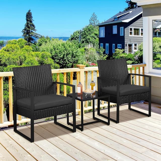 Detalle 2 de Yaheetech set mobili da giardino in poly rattan con 2 sedie e tavolino per balcone, nero con cuscini