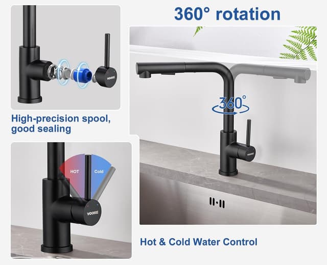 Detalle 2 de WOOHSE Niederdruck Küchenarmatur schwarz mit ausziehbarer Brause – 360° drehbar und 2-Strahl-System