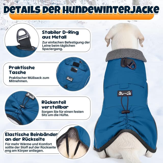 Detalle 2 de SlowTon Wasserdichter Hundemantel Winter – warme, reflektierende Jacke mit Fleecefutter und Geschirrloch
