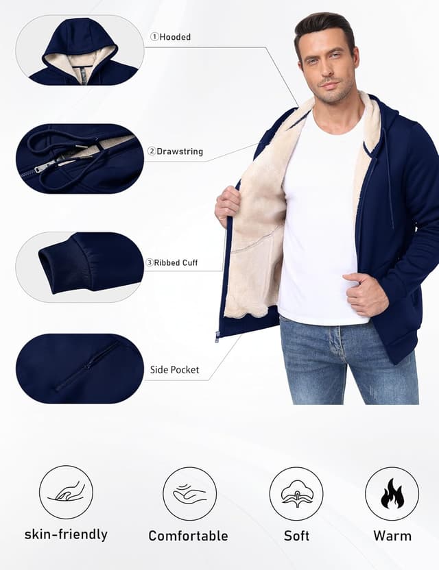 Thumbnail 4 de Veste polaire à capuche MoFiz pour homme en sherpa, fermeture éclair et poches zippées (M-3XL)