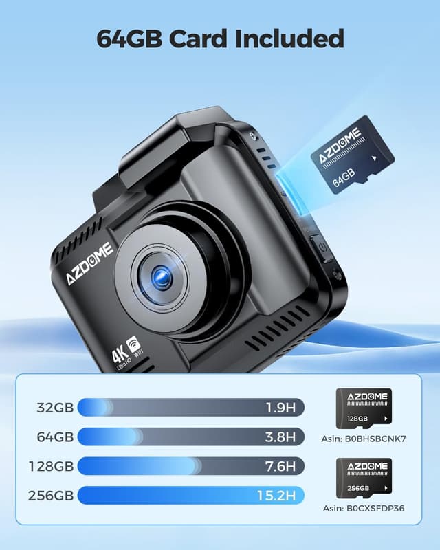 Detalle de AZDOME GS63H Pro dual dash cam (front 4K + rear 2.5K/GPS) with WiFi, 64GB SD, parking monitoring