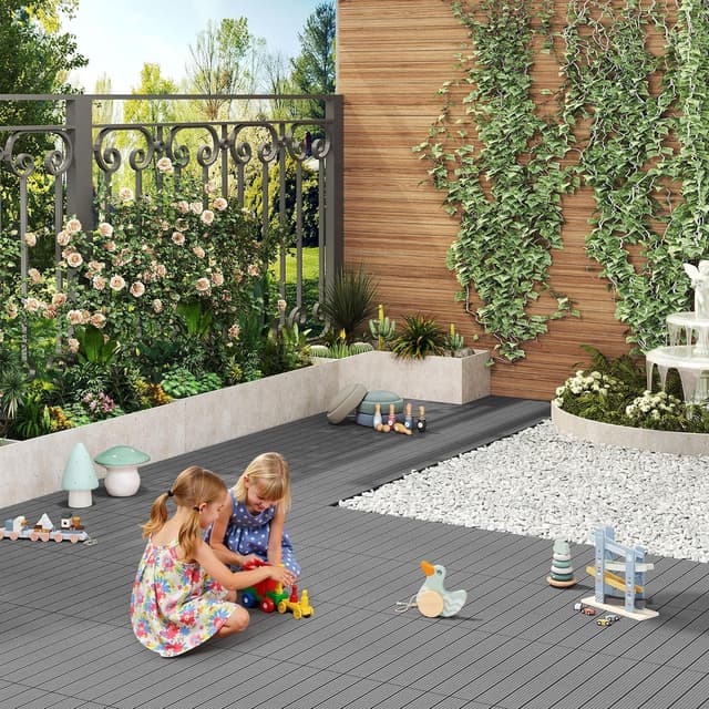 Detalle de WOLTU WPC Fliese Terrassenfliesen Holz-Optik mit Klicksystem 30 x 60 cm, hellgrau (12 Stück / 2 m²)