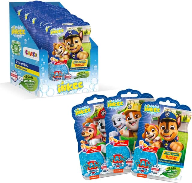 Detalle 2 de INKEE Paw Patrol Gift Box: 4 kids bath bombs with almond oil and 5 surprise Paw Patrol figures