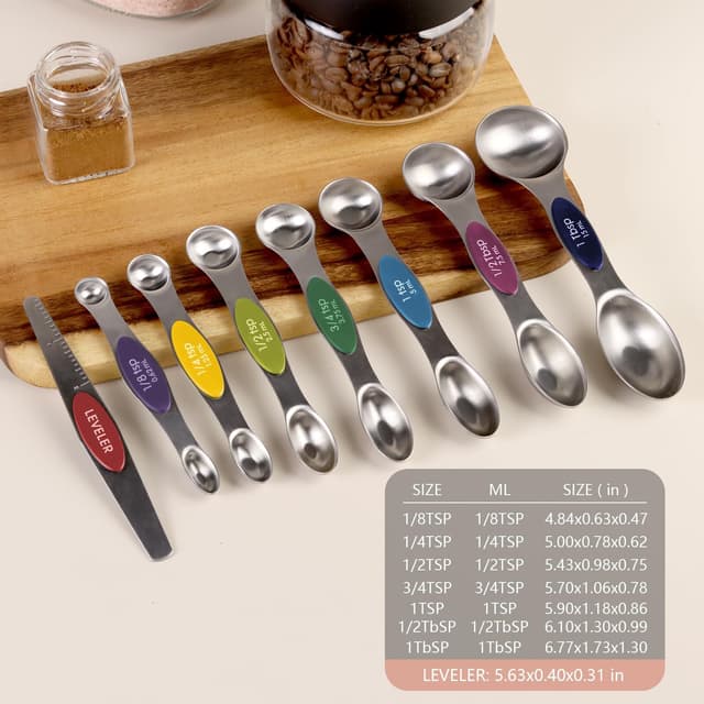Detalle 2 de ChefAide Pack of 8 Stainless Steel Magnetic Measuring Spoons Set (Dual Sided, Stackable, With Leveler)